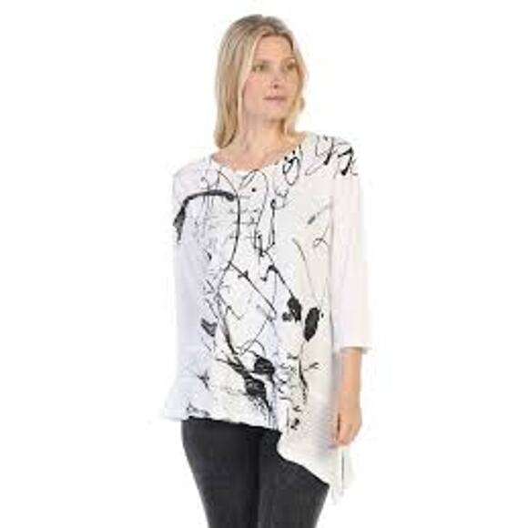 Jess & James Scrolls Asymmetrical Black Scribble Tunic Shirt , Womens Sz L - Picture 2 of 13